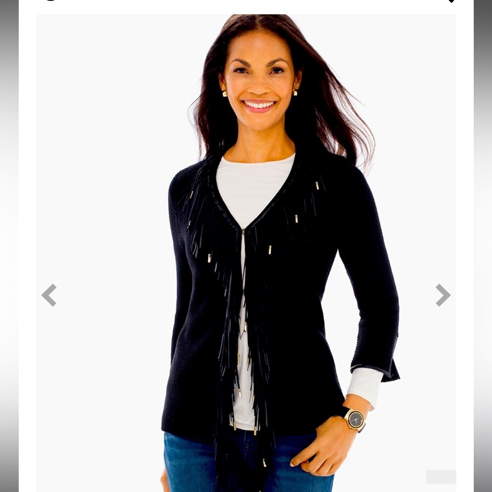 Chico’s women’s fringed rose cardigan black size 3 (US 16) EUC